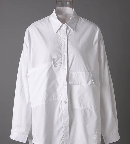 Women White Pocket Spliced Big Size Casual Blouse New Lapel Long Sleeve Shirt Fashion Tide Spring Autumn 2025 30A1910