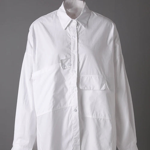 Load image into Gallery viewer, Women White Pocket Spliced Big Size Casual Blouse New Lapel Long Sleeve Shirt Fashion Tide Spring Autumn 2025 30A1910
