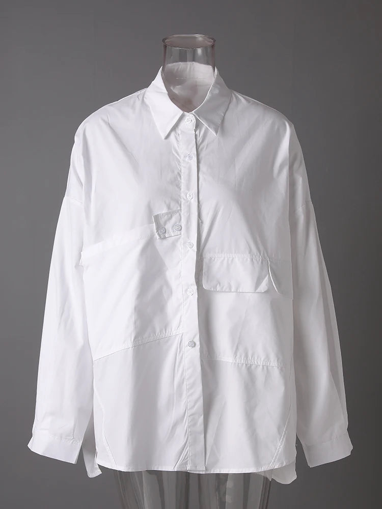 Women White Pocket Spliced Big Size Casual Blouse New Lapel Long Sleeve Shirt Fashion Tide Spring Autumn 2025 30A1910