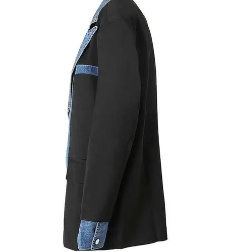 Women Dark Blue Deinm Spliced Big Size Blazer New Lapel Long Sleeve Loose Fit Jacket Fashion Spring Autumn 2025 1DF3061