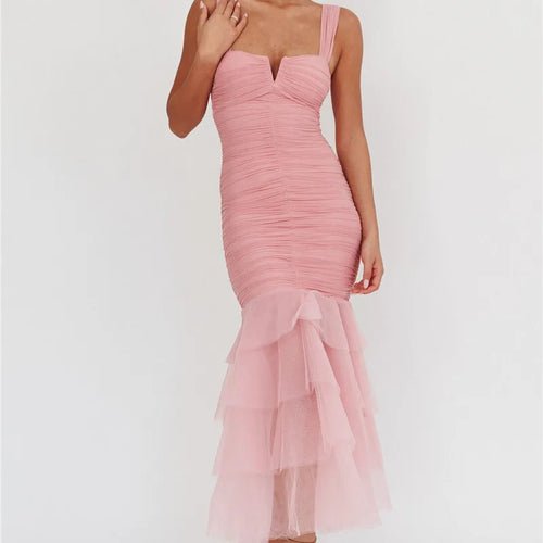 Load image into Gallery viewer, Mesh Backless Sexy Maxi Dress For Women Gown Two Layer Spaghetti Strap Sleeveless Ruched Bodycon Club Party Dress
