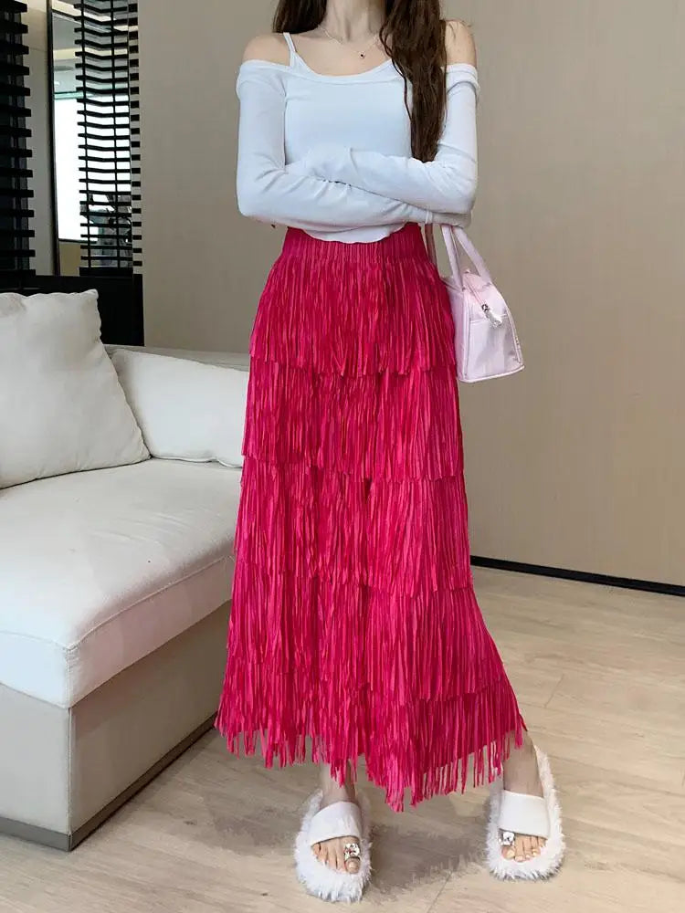 Autumn Vintage Elegant Party Wrapped Hip Cake Skirt For Women Elastic High Waist Tassel Long Skirts Female High Street Y2k Trend