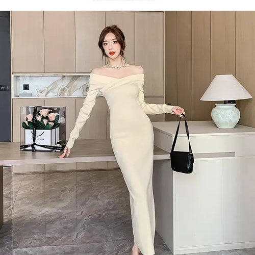 Load image into Gallery viewer, Beige Knit Sweater Dress Women Autumn Winter Black V-neck Slim Long Dresses Female Red High Waist Elegant Evening Party Dress
