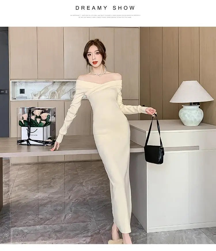 Beige Knit Sweater Dress Women Autumn Winter Black V-neck Slim Long Dresses Female Red High Waist Elegant Evening Party Dress