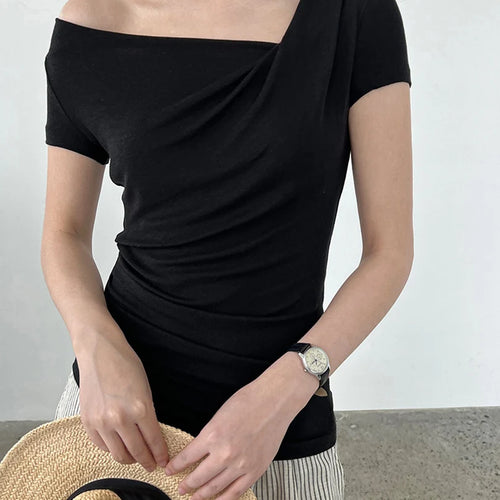 Load image into Gallery viewer, Women Black Irregular Pleated Elegant T-shirt New Skew Collar Short Sleeve Fashion Tide Spring Summer 2025 1DJ1908
