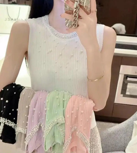 Vintage Solid Pearl Beaded Vest Women Sexy Club Elegant Chic Knitwear 2024 Summer Sleeveless O-neck Slim Tank Tops Popular Trend