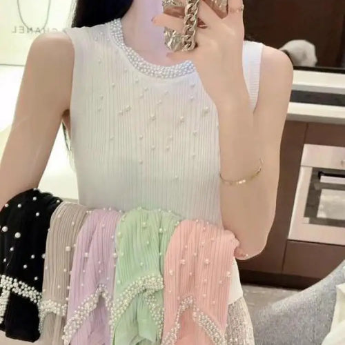 Load image into Gallery viewer, Vintage Solid Pearl Beaded Vest Women Sexy Club Elegant Chic Knitwear 2024 Summer Sleeveless O-neck Slim Tank Tops Popular Trend
