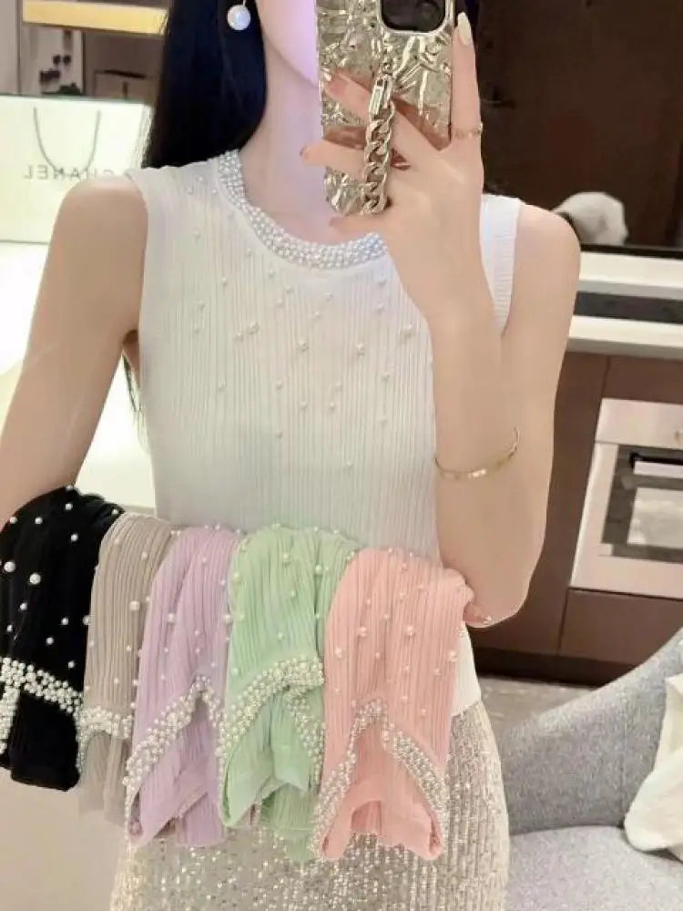 Vintage Solid Pearl Beaded Vest Women Sexy Club Elegant Chic Knitwear 2024 Summer Sleeveless O-neck Slim Tank Tops Popular Trend