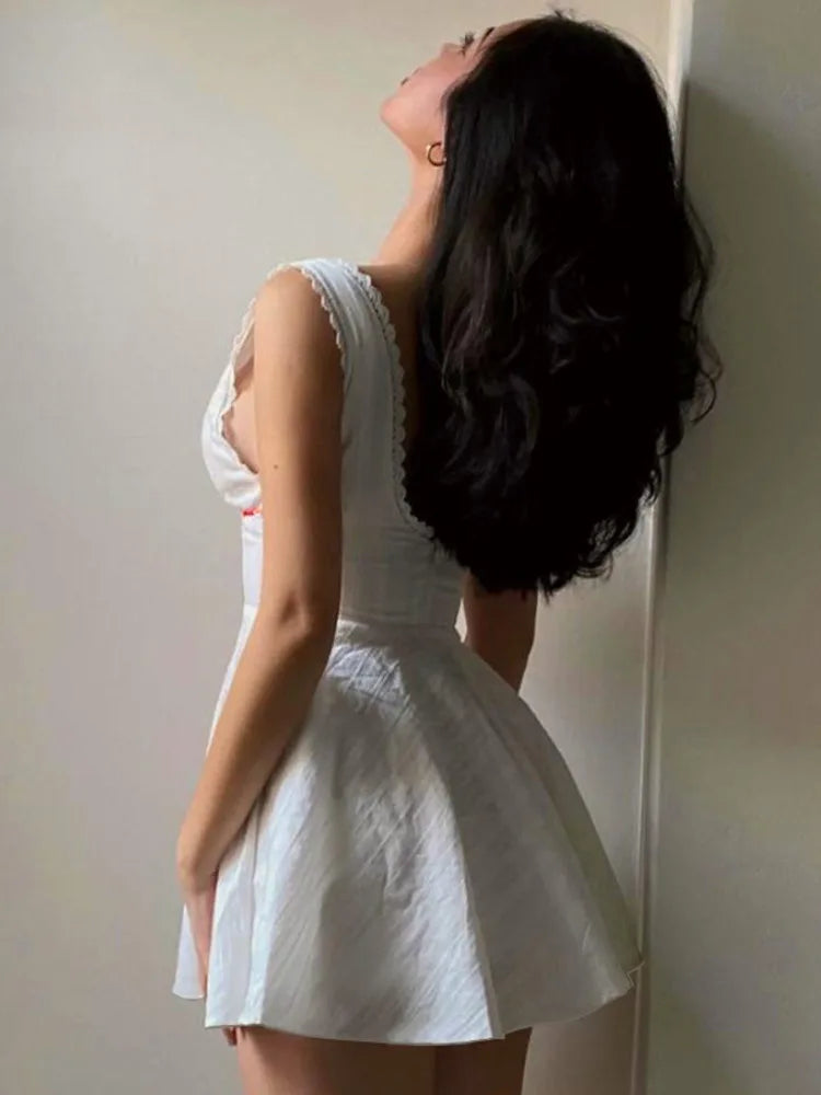 Sexy Lace Patchwork Lace Up Slim Fit Dress For Women Summer 2024 New Fashiona Woven V-neck Suspender Female Vestidos