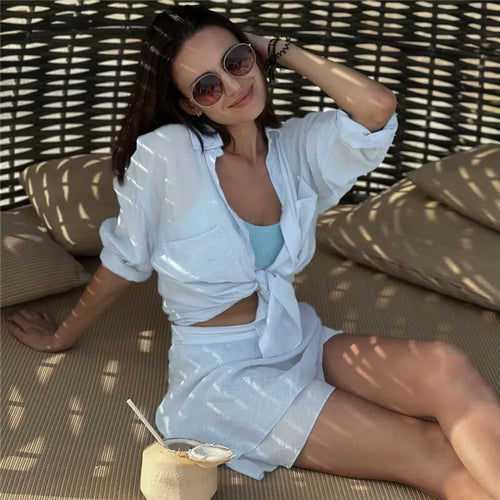 Load image into Gallery viewer, Summer Beach Two Piece Sets Women Long Sleeve Shirt And Mini Skirt Female See Through Loose 2 Piece Set Beachwear

