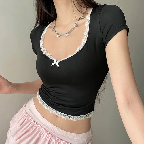 Load image into Gallery viewer, Korean Fashion Lace Trim Fitness Summer Crop Top Basic Cutecore Y2K Tees Sweet Bow Girls Preppy Style T shirt Female
