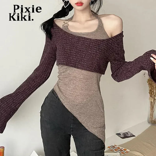 Load image into Gallery viewer, Fashion Y2k Tops Irregular Halter Off Shoulder Long Sleeve Top Grey 2 Piece Set Womens T Shirts Street Clothes P94CH22
