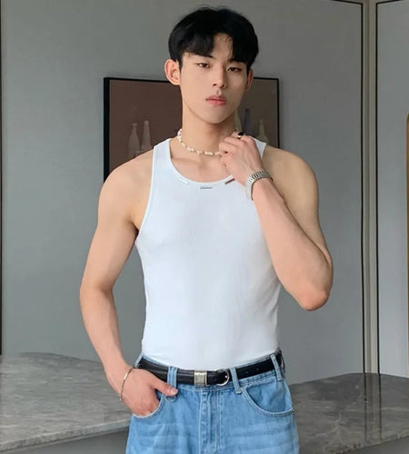 Men's Tank Tops Metal Design Round Collar Sleeveless Solid Color Casual Male T-shirts Korean Style Summer 9C6775