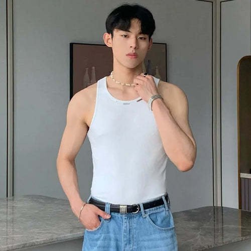 Load image into Gallery viewer, Men&#39;s Tank Tops Metal Design Round Collar Sleeveless Solid Color Casual Male T-shirts Korean Style Summer 9C6775
