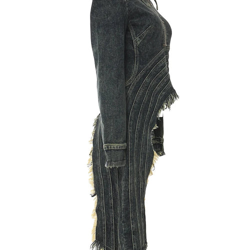 Load image into Gallery viewer, Blue Denim Irregular Hem Design Burr Slim Jacket New Lapel Long Sleeve Women Coat Fashion Tide Spring Autumn 2025 1DH5938
