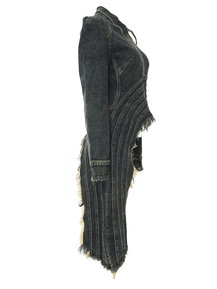 Blue Denim Irregular Hem Design Burr Slim Jacket New Lapel Long Sleeve Women Coat Fashion Tide Spring Autumn 2025 1DH5938