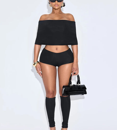 Fashion Hipster 3 Piece Set Women Slash Neck Mid Sleeve Crop Tops+Shorts+Foot Cover Simple Summer Matching Streetwear
