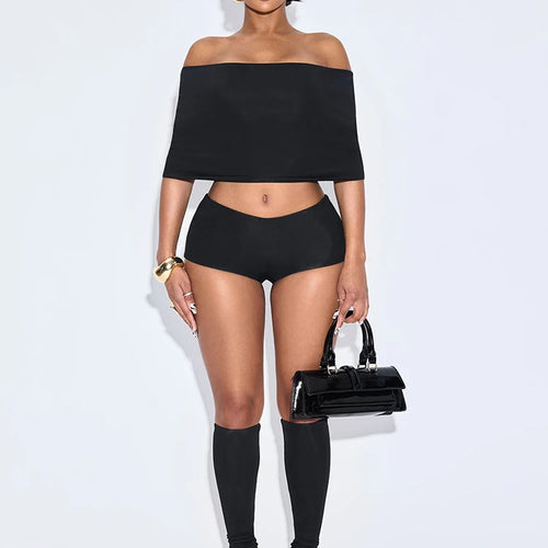 Load image into Gallery viewer, Fashion Hipster 3 Piece Set Women Slash Neck Mid Sleeve Crop Tops+Shorts+Foot Cover Simple Summer Matching Streetwear
