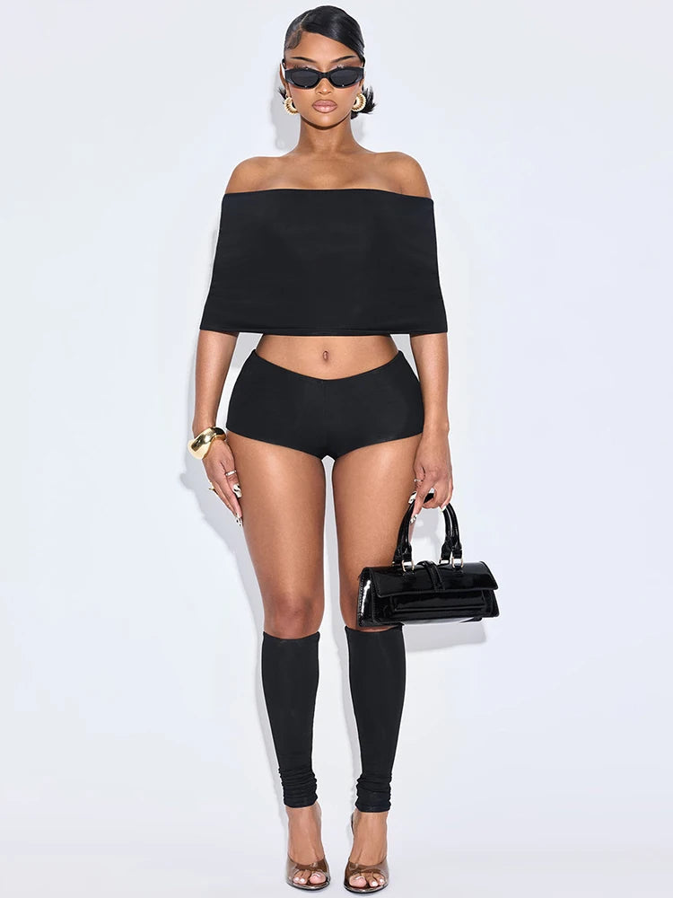 Fashion Hipster 3 Piece Set Women Slash Neck Mid Sleeve Crop Tops+Shorts+Foot Cover Simple Summer Matching Streetwear