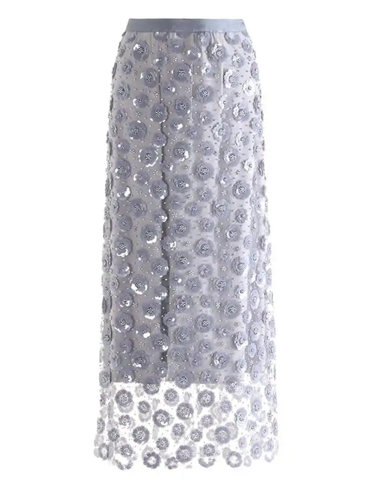 High Elastic Waist Black Nailed Sequins Mesh Elegant  Half-body Skirt Women Fashion Tide New Spring Autumn 2025 1DH9911