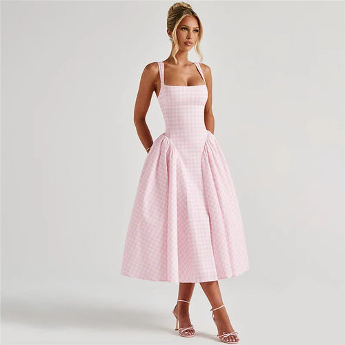 Load image into Gallery viewer, Plaid Printed Maxi Dress For Women Gown Summer New Spaghetti Strap High Waist A-line Backless Club Long Dress Vestido
