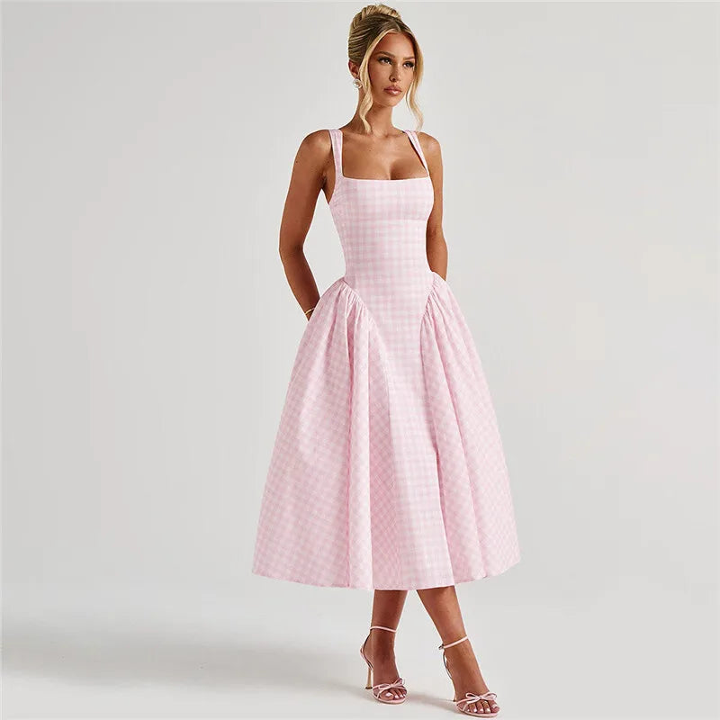 Plaid Printed Maxi Dress For Women Gown Summer New Spaghetti Strap High Waist A-line Backless Club Long Dress Vestido