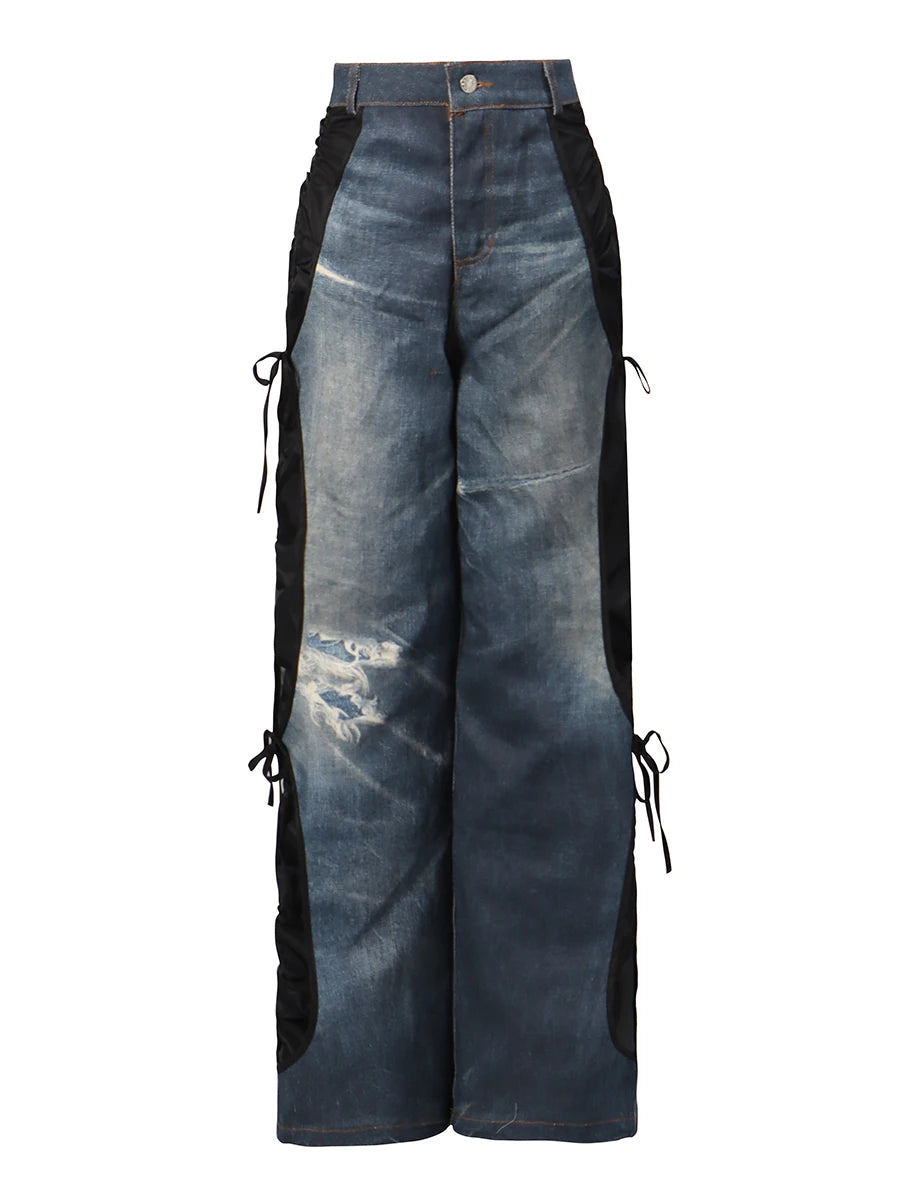 Hit Color Spliced Lace Up Fashion Wide Leg Pants for Women High Waist Sense of Design Long Pant Female Clothing New