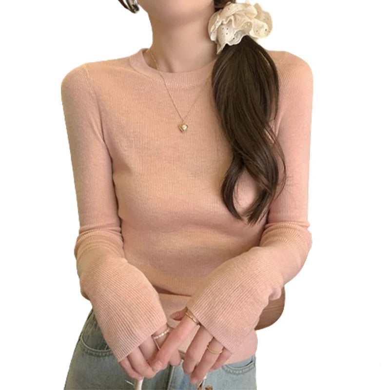 y2k Clothes Tops Women Casual Solid Color Round Neck Long Sleeve Knitted T Shirts 2000s Aesthetic Clothing Streetwear