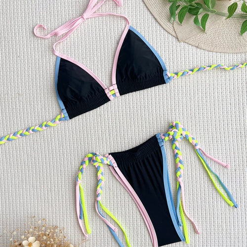 Load image into Gallery viewer, Colorful Bandage Bikini 2024 Sexy Push Up Halter Swimwear Women Brazilian Swimsuit Thong Biquini Bathing Suit
