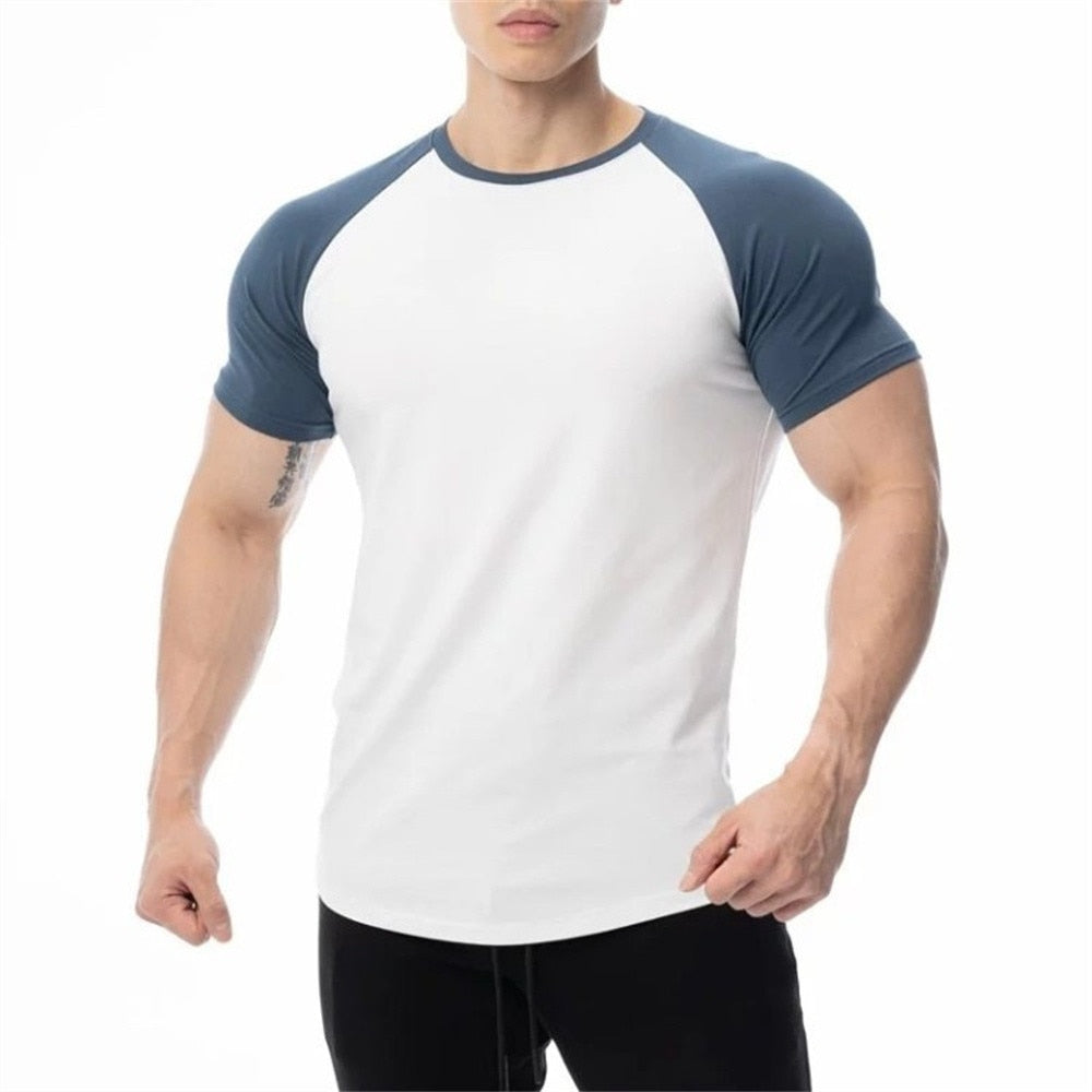 White Cotton Bodybuilding T-shirt Men Short Sleeve Casual Skinny Tees Tops Male Summer Gym Fitness Training Patchwork Clothing
