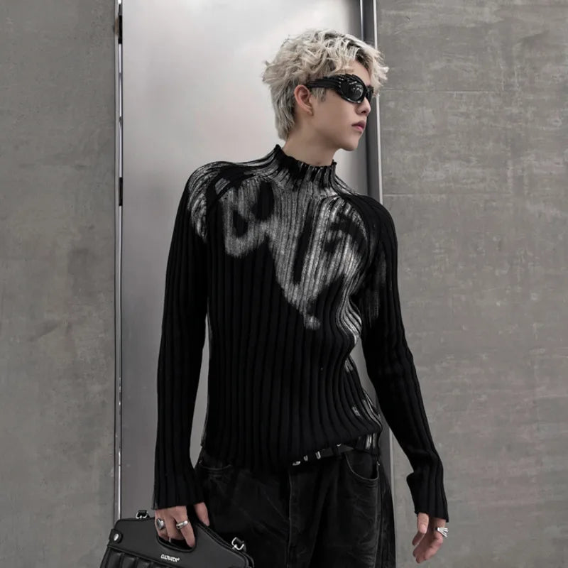 Winter Sweater Crowd Graffiti Design Half High Neck Long Sleeve Slim Fit Knitting Gradient Male Pullovers Spring 24Z788