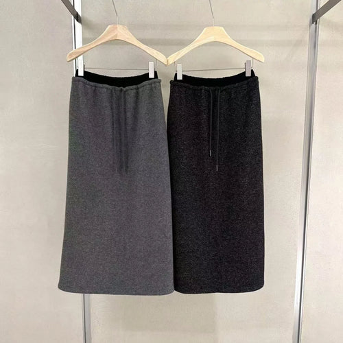 Load image into Gallery viewer, Korean Style Woman Black Elegant High Waisted Straight Woolen Skirts Autumn Winter Casual Simple Grey Drawstring Lace-up Skirt

