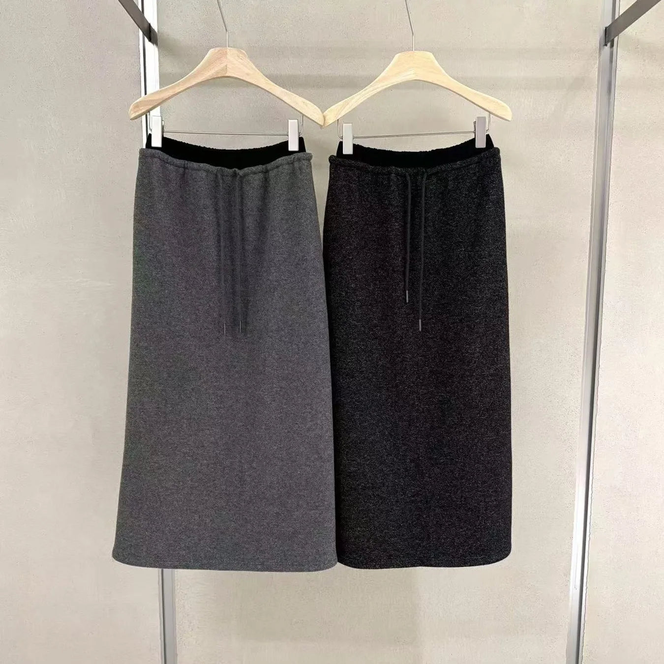 Korean Style Woman Black Elegant High Waisted Straight Woolen Skirts Autumn Winter Casual Simple Grey Drawstring Lace-up Skirt