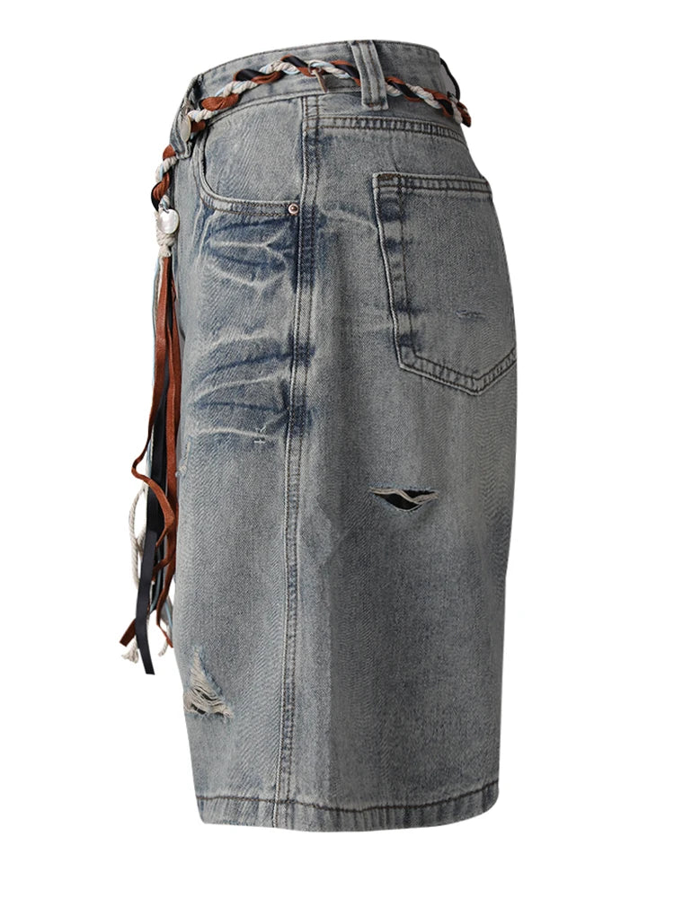 High Waist Blue Denim Bandage Knee Length Wide Leg Jeans New Women Trousers Fashion Tide Spring Autumn 2025 CPG3001