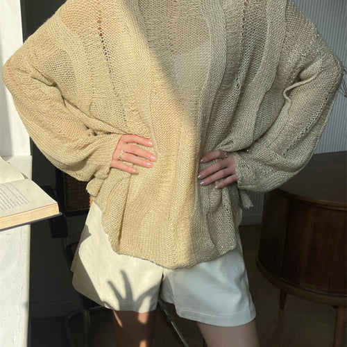 Load image into Gallery viewer, Beige Thin Big Size Hollow Out Sweater Round Neck Long Sleeve Women Pullovers New Fashion Tide Spring Autumn 2025 1DH9646
