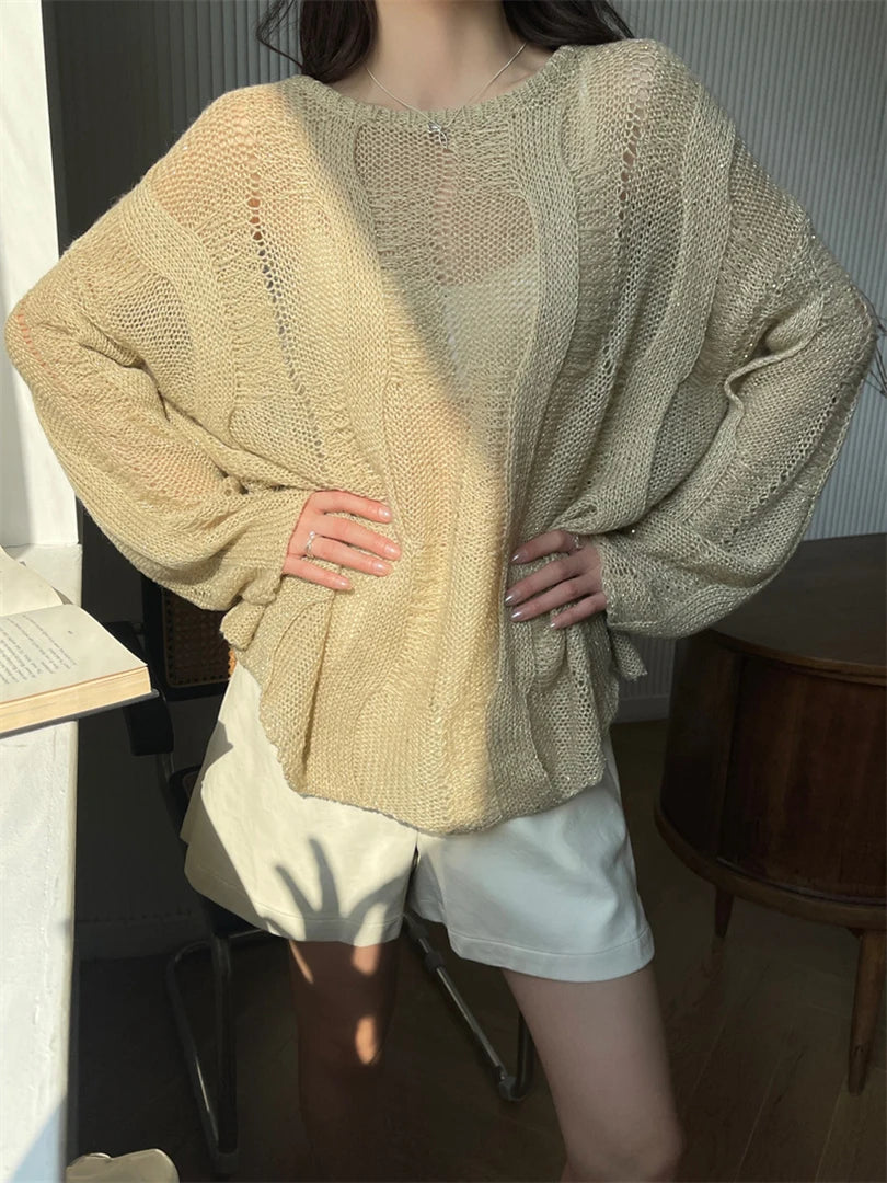 Beige Thin Big Size Hollow Out Sweater Round Neck Long Sleeve Women Pullovers New Fashion Tide Spring Autumn 2025 1DH9646