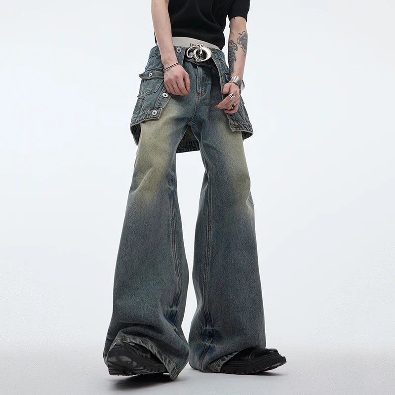 Streetwear Personalized Male Denim Pants Niche Washed Distressed Loose Wide Leg Jeans Double Hemline Design Boot-cut 24Y163