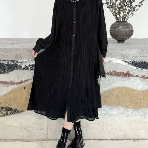 Load image into Gallery viewer, Women Black Brief Pleated Elegant Big Size Midi Shirt Dress New Lapel Long Sleeve Fashion Tide Spring Autumn 2025 1DJ0072
