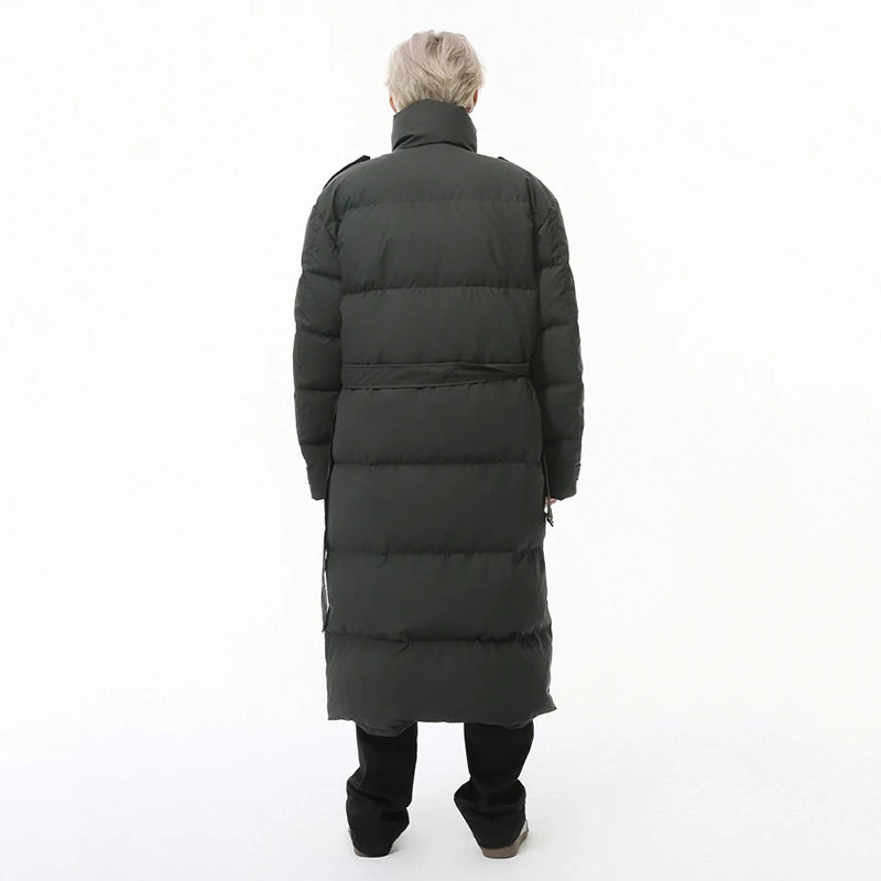 Korean Style Men's Padded Jackets Stand Collar Belt Design Solid Color Overknee Casual Male Cotton Coats New Winter 9C9220