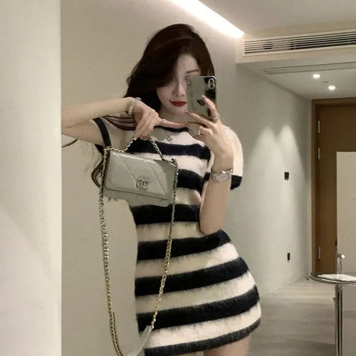 Load image into Gallery viewer, Knitted Sweater Striped Mini Bodycon Dress Women Autumn Winter Korean Style Kpop Casual Streetwear Short Dresses
