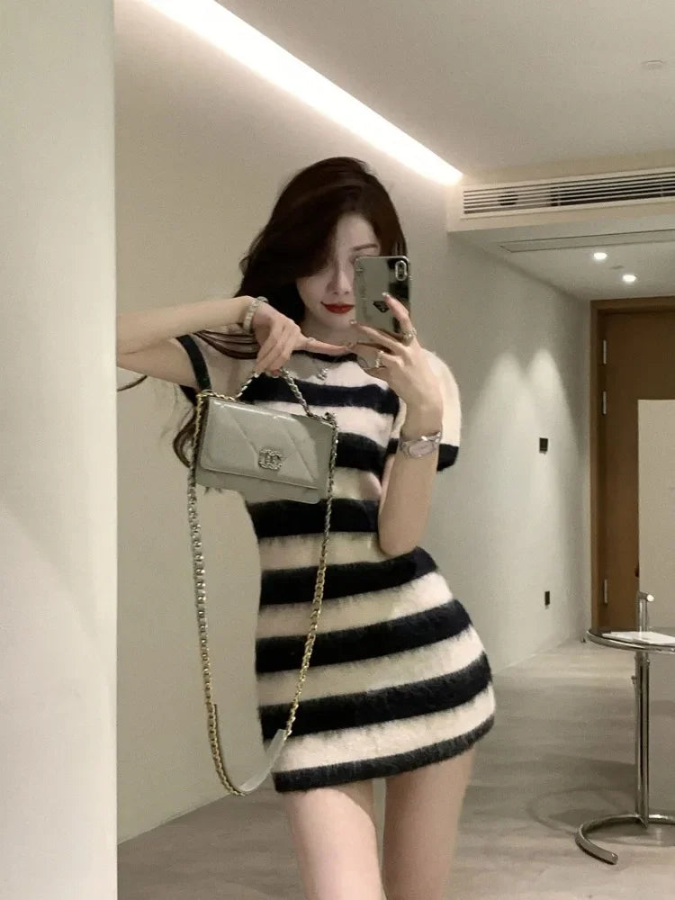 Knitted Sweater Striped Mini Bodycon Dress Women Autumn Winter Korean Style Kpop Casual Streetwear Short Dresses