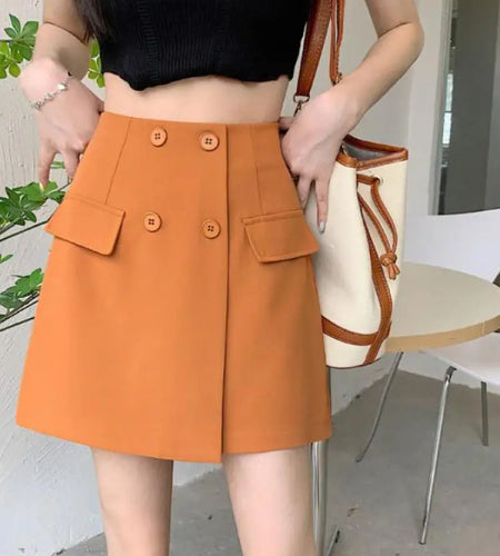 French Fashion Spring Summer Black White Button Short Skirts Women Orange Elegant High Waist Holiday Mini Skirt Popular Ladies