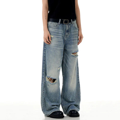 Load image into Gallery viewer, Men's Jeans Cat Whisker Ripped Deisgn Summer Hole Stylish Loose Korean Straight Wide Leg Male Casual Trousers 9W1721
