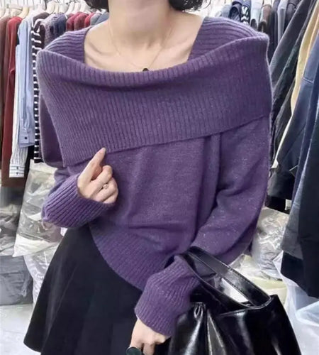 Korean Version Solid Square Neck Loose Cotton Crochet Sweater Autumn Winter Women Long Sleeve Casual Warm Pullover Tops Popular