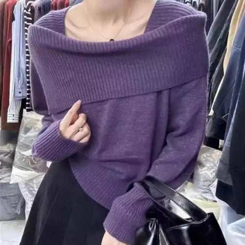 Load image into Gallery viewer, Korean Version Solid Square Neck Loose Cotton Crochet Sweater Autumn Winter Women Long Sleeve Casual Warm Pullover Tops Popular
