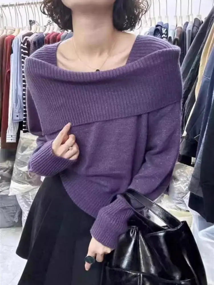 Korean Version Solid Square Neck Loose Cotton Crochet Sweater Autumn Winter Women Long Sleeve Casual Warm Pullover Tops Popular