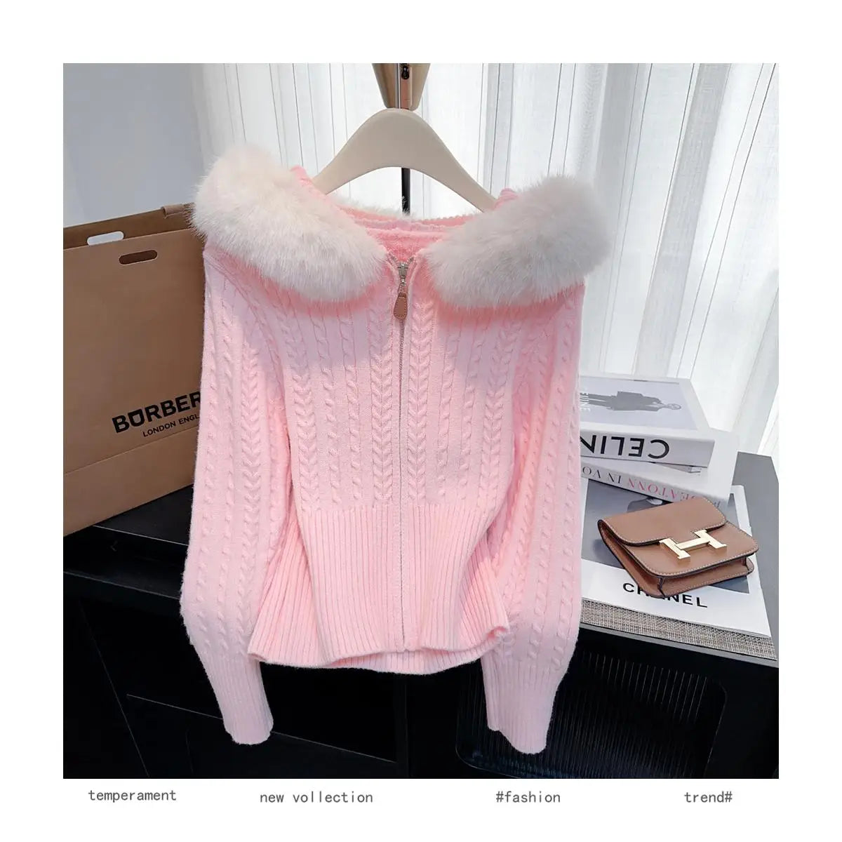 Retro Fashion Women Solid Long Sleeve Knitted Twists Sweater 2024 New Autumn Winter Ladies Hooded Hairy Neck Zipper Cardigan Top