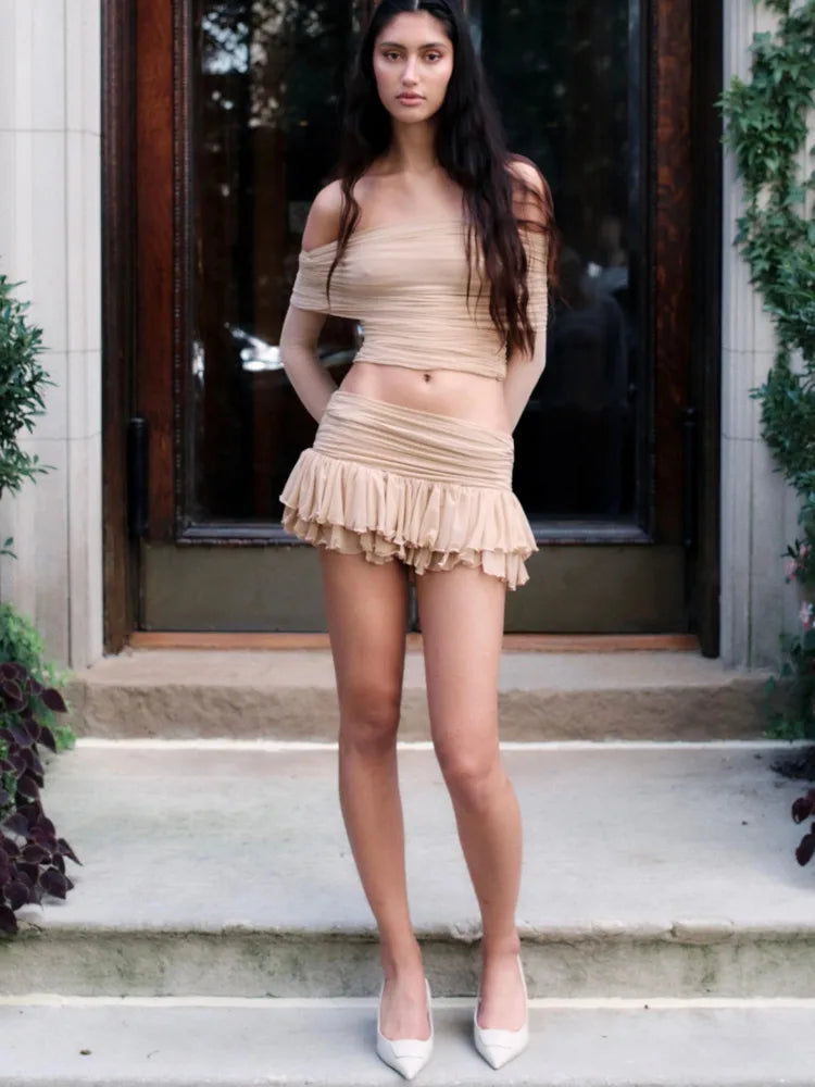 Elegant Off Shoulder Tight Long Sleeve Top Skirt Two Piece Set Women Sexy Bareback Slim Elastic Party Beach Vacation Set