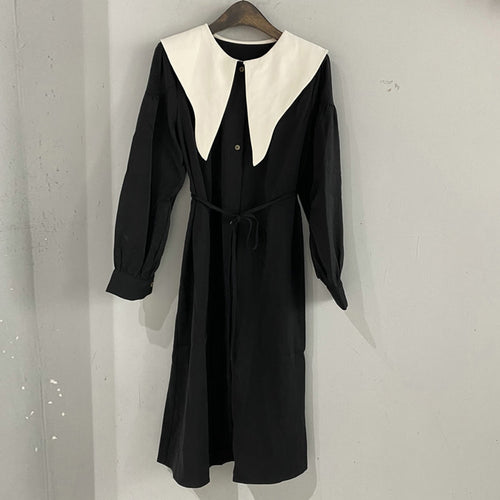 Load image into Gallery viewer, Korean Fashion Dress For Women Lapel Long Sleeve High Waist Single Breasted Colorblock Midi Dresses Female Clothing
