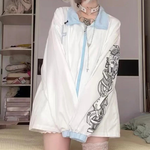 Japanese Kawaii Fashion Jacket Women Y2k Aesthetic Zipper Coat Loose Simple Coats Casual Harajuku Cartoon Skull Print Jackets